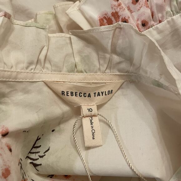 Rebecca Taylor Maia Ivory & Pink Floral Ruffled Victorian Cotton Blouse Sz 10 L - Picture 6 of 12